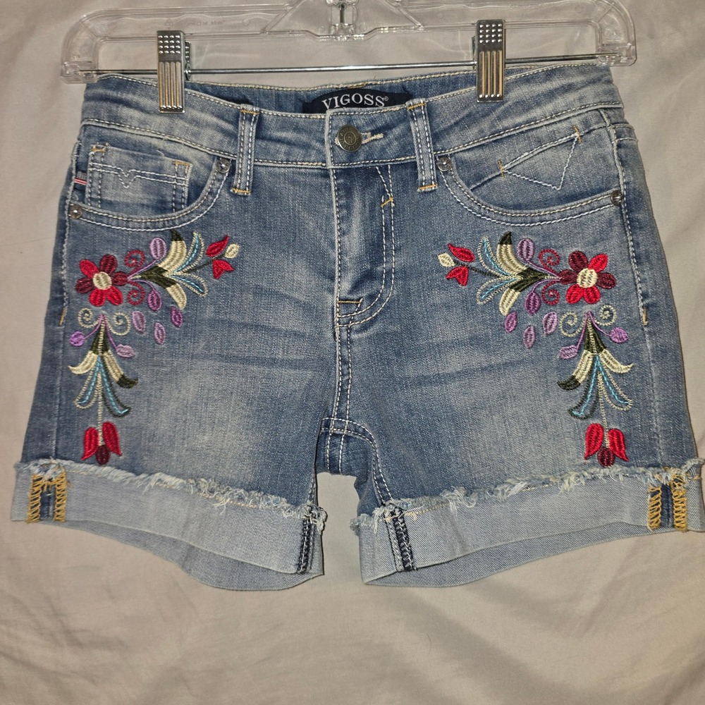 Vigoss Embroidered Denim Shorts 14 Kids Blue Floral The Mid Raw Hem
